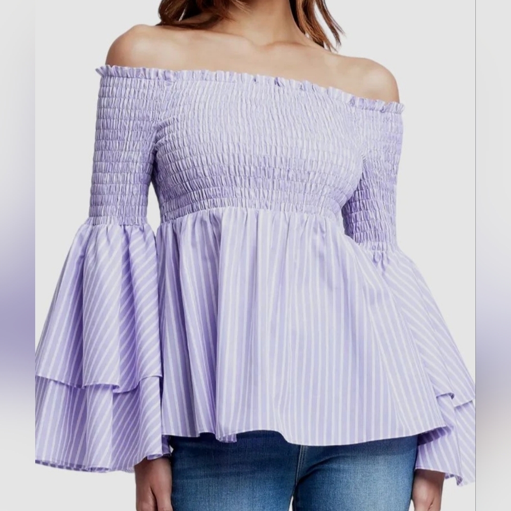$295 L'Agence Denver Striped Smocked Off the Shoulder Bell Sleeve Blouse Top NWT